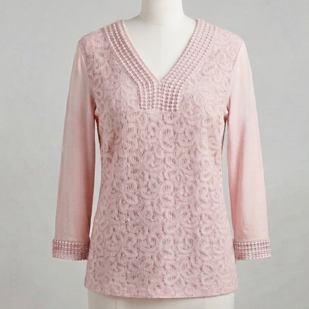 Tantrums Pink Lace Front Pom Pom Trim V-Neck 3/4 Sleeve Blouse Top Medium